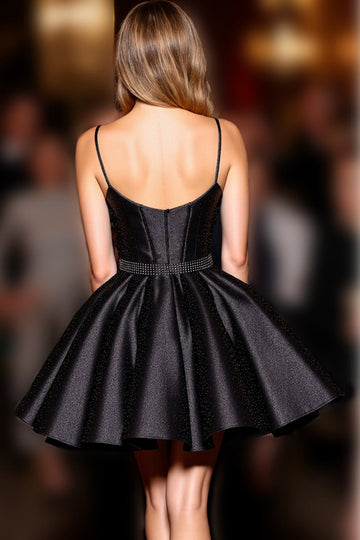 Black Satin Corset Spaghetti Straps A Line Short Prom Dress